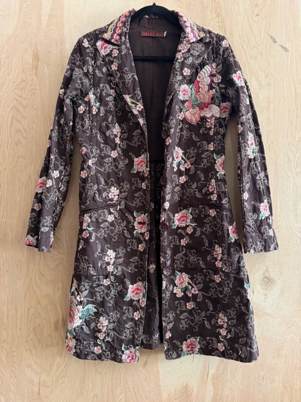 Rare Vintage Johnny Was Brown Embroidered Cotton Duster Coat w/Ornate Collar M - Picture 1 of 16